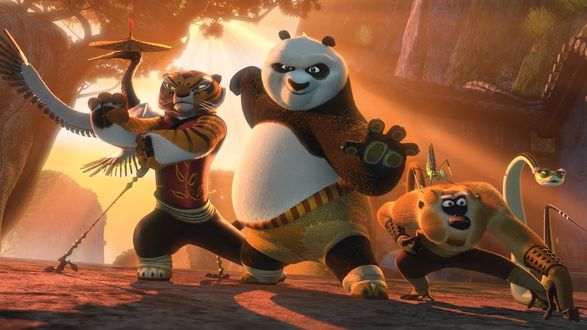 Обои на рабочий стол Персонажи мультфильма «Кунг-фу панда 2» / «Kung fu panda 2»: неистовая пятёрка, журавль, тигрица, обезьяна, богомол, змея на закате