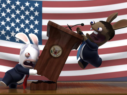 Обои на рабочий стол Американские президенты дерутся за место, игра Rayman Raving Rabbids