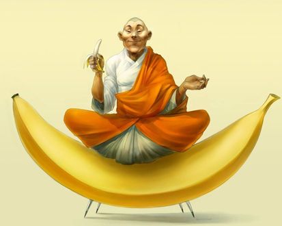 Обои на рабочий стол Монах ест банан сидя на банане