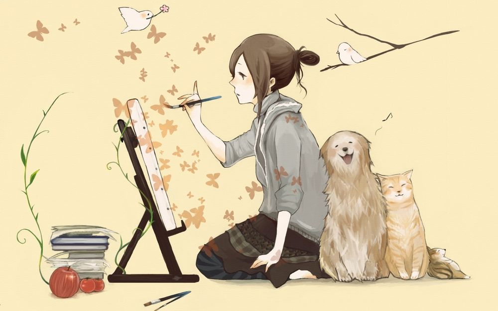 Обои для рабочего стола Девочка рядом с которой сидят веселые собака и кошка с птичками рисует