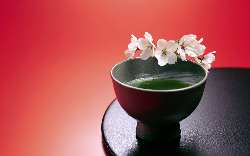Обои для рабочего стола Японский зеленый чай и цветки вишни