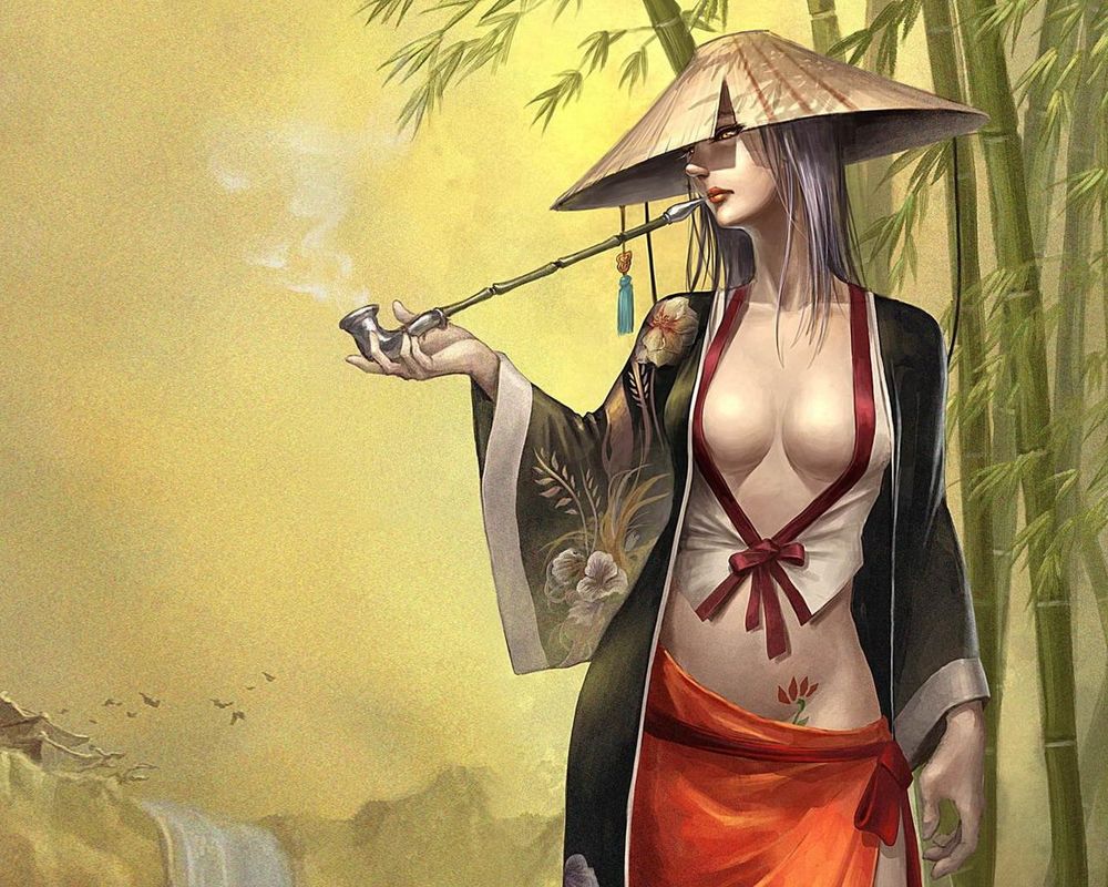 Обои для рабочего стола Девушка в японском костюме с курительной трубкой из бамбука