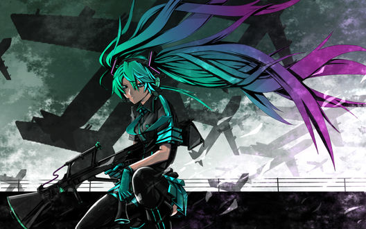Обои на рабочий стол Вокалоид Хатсуне Мику / vocaloid Hatsune Miku сидит на корточках с рупором и микрофоном