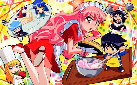 Обои на рабочий стол Louise Francoise, Saito, Charlotte и Seira заняты готовкой из аниме Zero no Tsukaima / Подручный бездарной Луизы