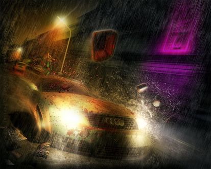 Обои на рабочий стол Ауди / Audi мчится под дождём в городе