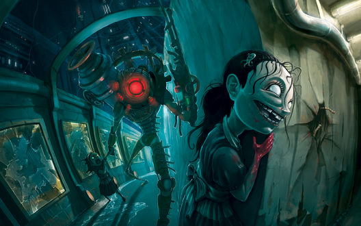 Обои на рабочий стол Video Game - Bioshock, Злой робот охотится на девочек