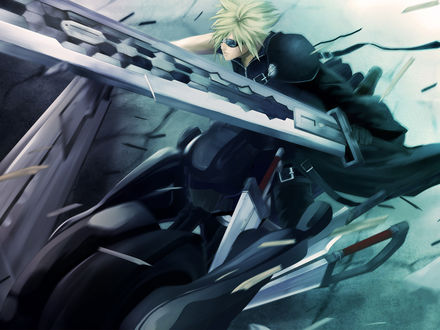 Обои на рабочий стол Cloud Strife / Клауд Страйф с огромным мечом из аниме Final Fantasy VII: Advent Children / Последняя фантазия VII: Дети пришествия