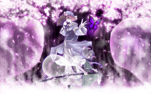 Обои на рабочий стол Ююко Сайгедзи / Yuyuko Saigyouji и Йому Компаку / Youmu Konpaku из Тохо / Touhou Project на фоне цветущей сакуры