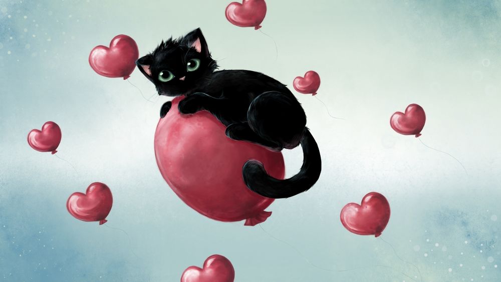 Обои для рабочего стола Черный кот сидит на воздушном шарике, вокруг летают шарики в форме сердечек