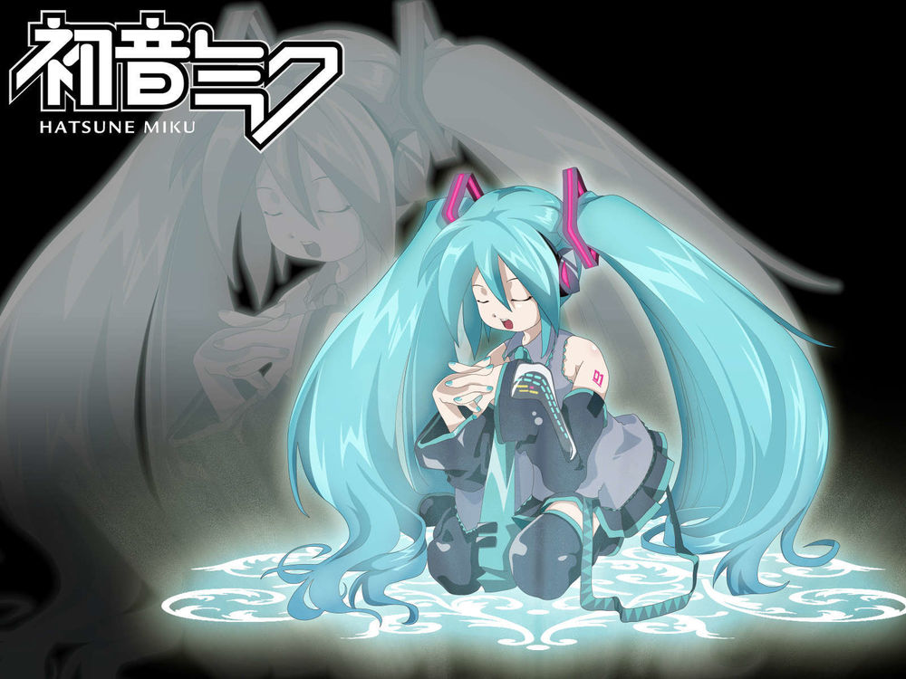 Обои для рабочего стола Vocaloid Hаtsune Miku / вокалоид Хатсуне Мику поет с закрытыми глазами, сидя на колеях