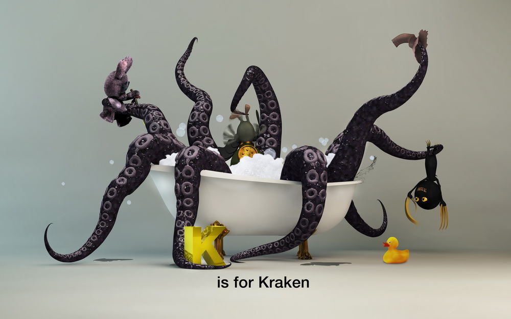 Обои для рабочего стола Осьминог принимает ванну с игрушками (K is for Kraken)