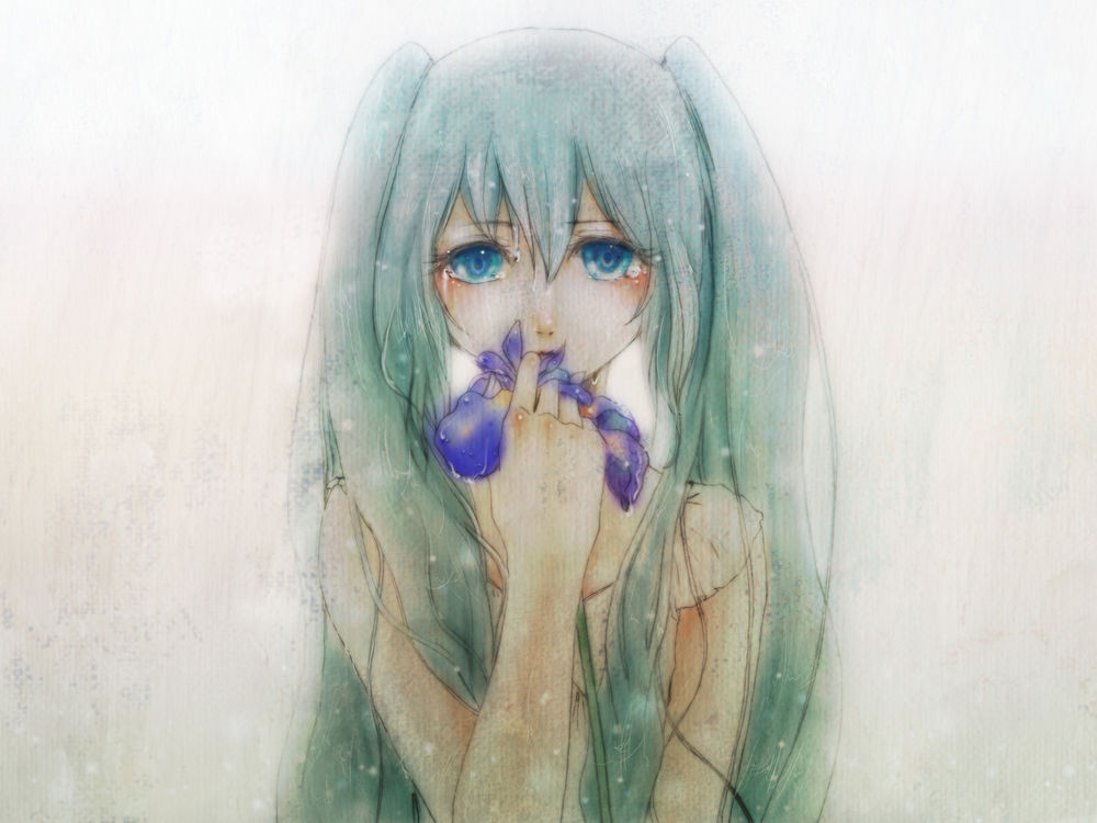 Обои для рабочего стола Вокалоид Мику Хатсуне / vocaloid Hatsune Miku под дождем сжимает в руке цветок ириса