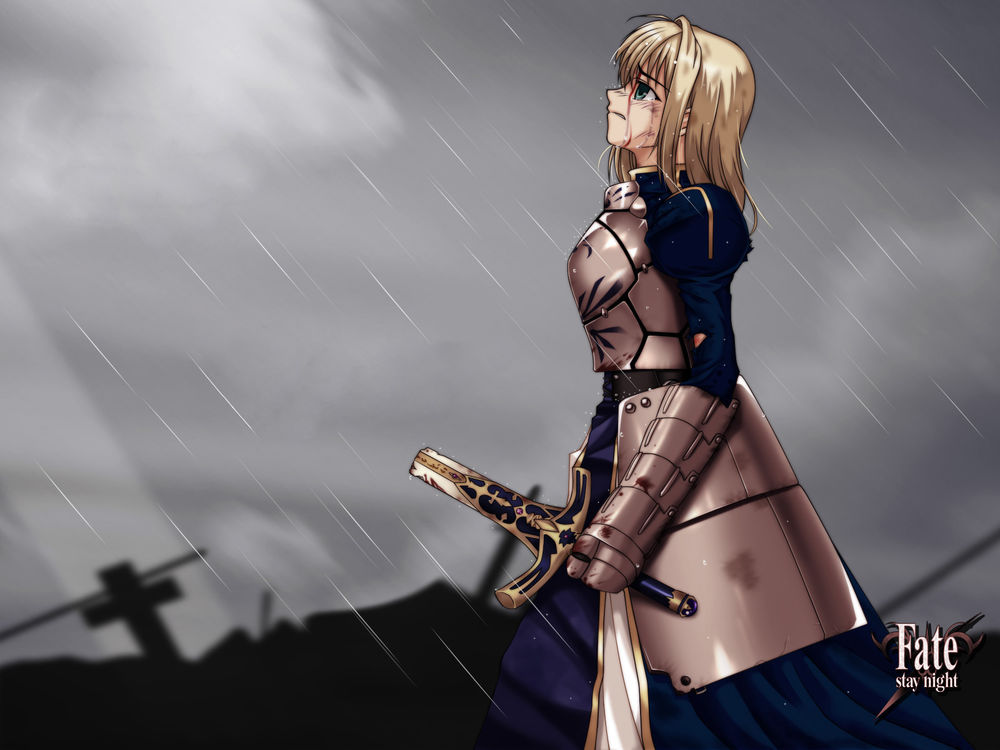 Обои для рабочего стола Сейбер из аниме «Fate. Stay Night» под дождём
