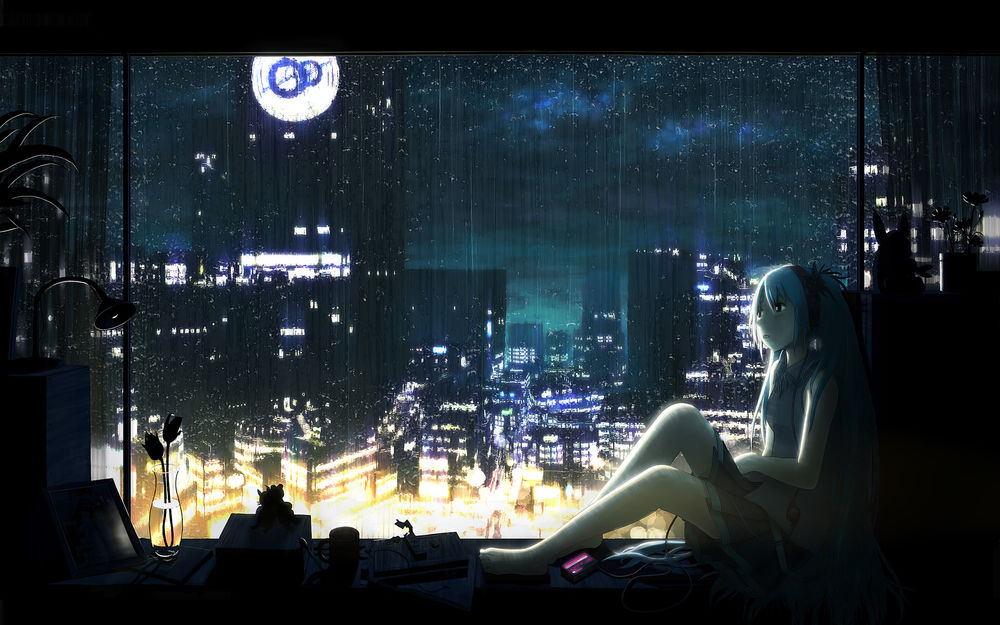 Обои для рабочего стола Вокалоид Мику Хатсуне сидит у окна во время дождя ночью