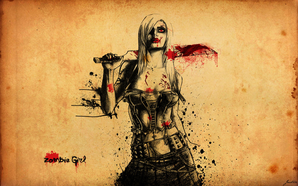 Обои для рабочего стола Девушка с окровавленным тесаком (Zombie Girl)