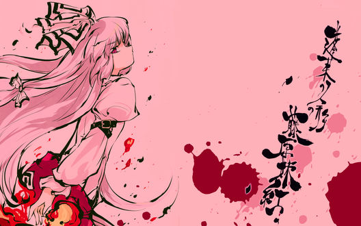 Обои на рабочий стол Фудзивара но Моко / Fujiwara no Mokou из Тохо / Touhou Project в розовых тонах с каплями крови