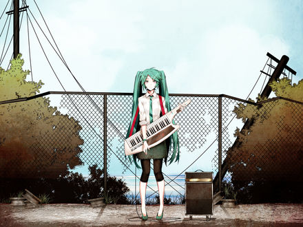 Обои на рабочий стол Vocaloid Hatsune Miku / вокалоид Хатсуне Мику с переносным синтезатором подключенным к колонке