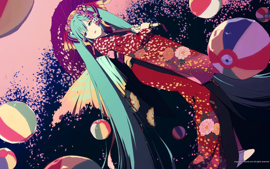 Обои на рабочий стол Vocaloid Hatsune Miku / Вокалоид Хатсунэ Мику в кимоно с зонтом