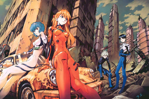 Обои на рабочий стол Рей, Аска, Синдзи и Каору из аниме Evangelion / Евангелион