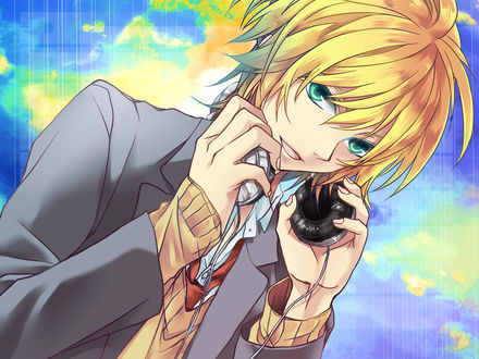 Обои на рабочий стол Вокалоид Кагамине Лен / vocaloid Kagamine Len в наушниках