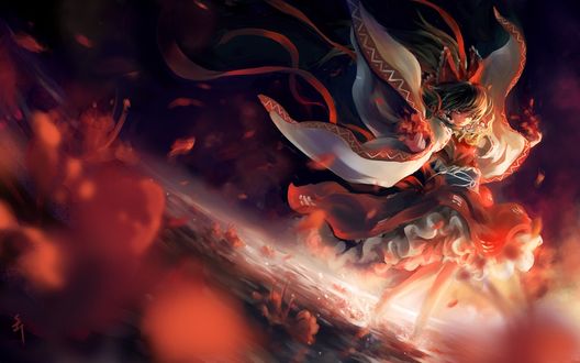 Обои на рабочий стол Рэйму Хакурэй / Reimu Hakurei из серии игр и аниме Тохо / Touhou Project идет по воде с ликорисами