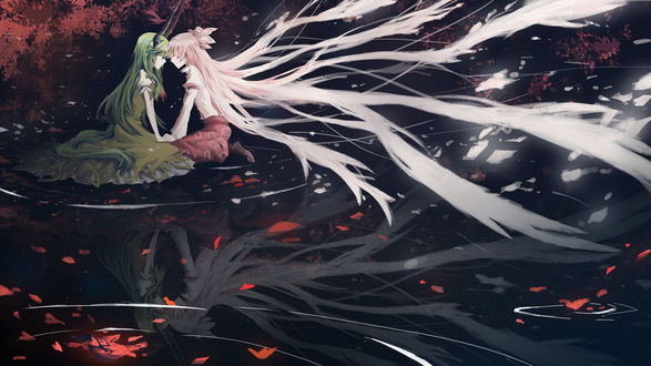 Обои на рабочий стол Kamishirasawa Ex Keine и Fujiwara No Mokou из аниме-игры Touhou Project сидят в воде соприкоснувшись лбами