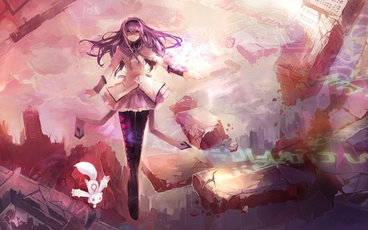 Обои на рабочий стол Хомура Акэми / Homura Akemi и Кюбэй / Kyuubey из аниме Девочка-волшебница Мадока Магика / Mahou Shoujo Madoka Magica парят над разрушающимся городом