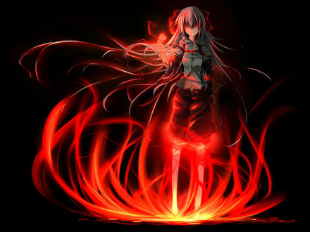 Обои на рабочий стол Fujiwara no Mokou стоит в магическом пламени из игры Touhou