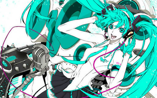 Обои на рабочий стол Vocaloid / Вокалоид Мику Хатсуне в студии у микрофона