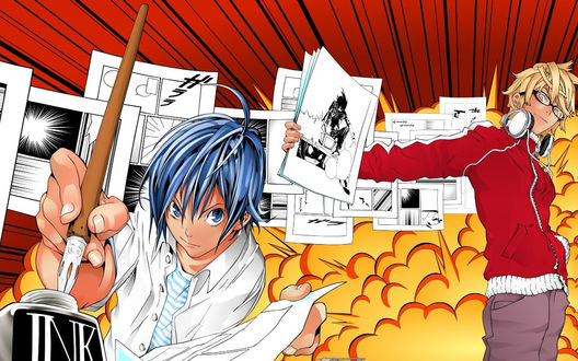 Обои на рабочий стол Аниме и манга 'Бакуман' / 'Bakuman', Маоритака Масиро 'Сайко' и Акито Такаги 'Сюдзин'