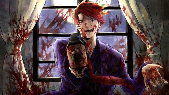 Обои на рабочий стол Battler Ushiromiya весь в крови и с пистолетом, аниме Umineko no Naku Koro ni / Когда плачут чайки