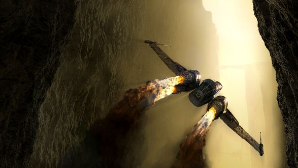 Обои на рабочий стол Фантастический истребитель с четырьмя двигателями летит между скал