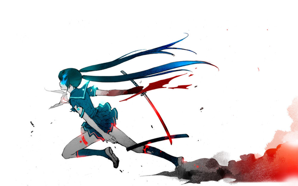 Обои для рабочего стола Бегущая Мато из аниме Стрелок с Чёрной Скалы / Black Rock Shooter с катаной в крови