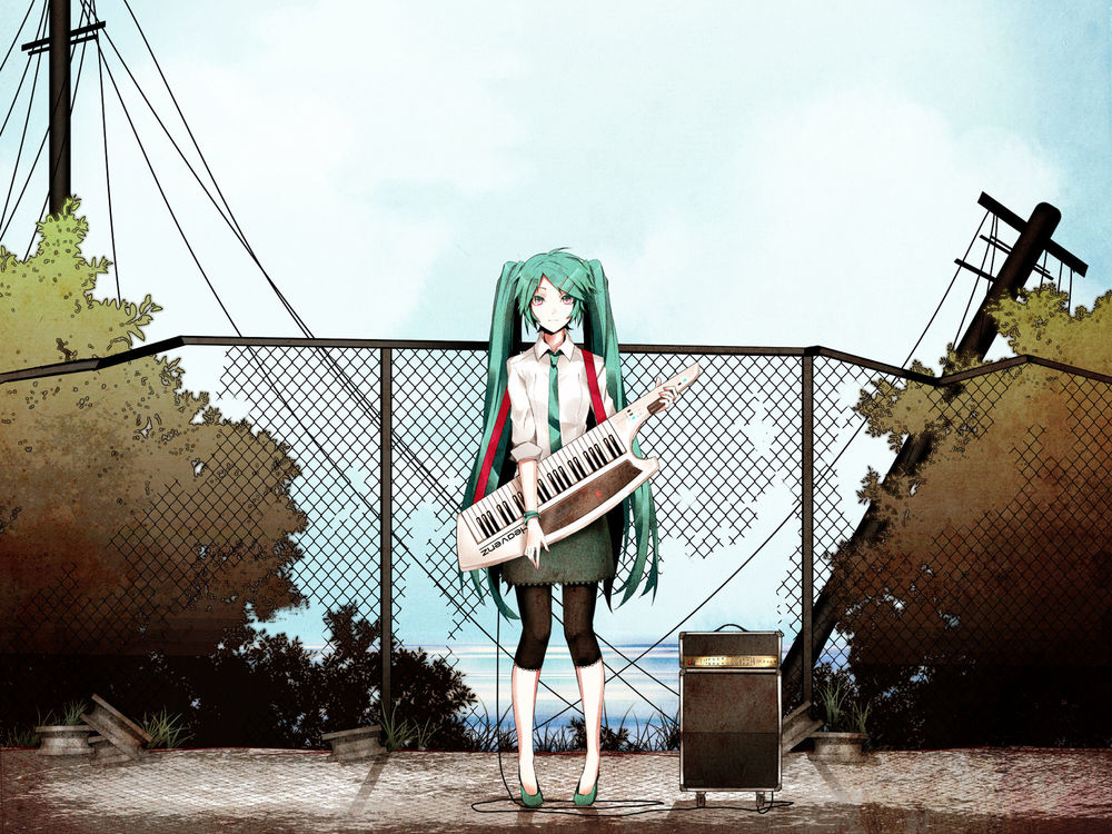 Обои для рабочего стола Vocaloid Hatsune Miku / вокалоид Хатсуне Мику с переносным синтезатором подключенным к колонке
