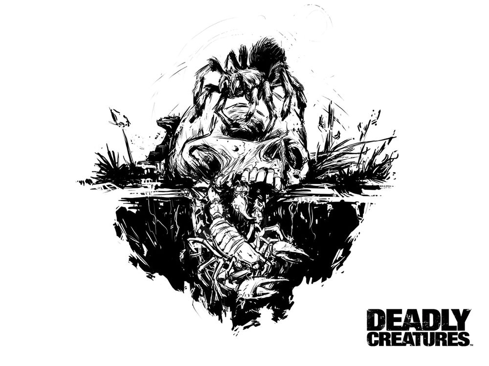 Обои для рабочего стола Череп в земле с тарантулом и скорпионом (Deadly creatures)