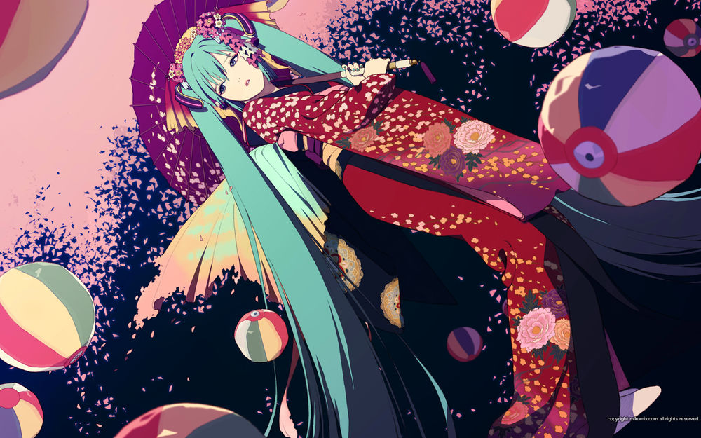 Обои для рабочего стола Vocaloid Hatsune Miku / Вокалоид Хатсунэ Мику в кимоно с зонтом