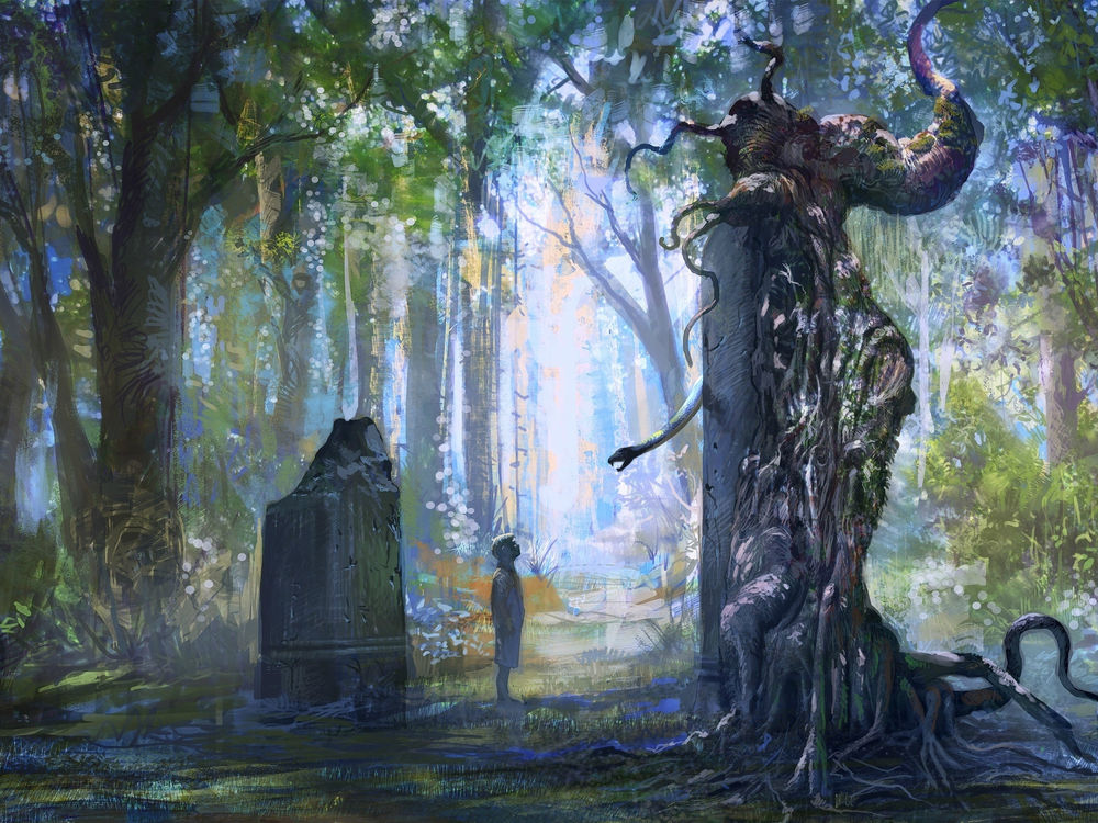 Обои для рабочего стола Video Game The Witcher, Мальчик стоит около старого скрюченного дерева
