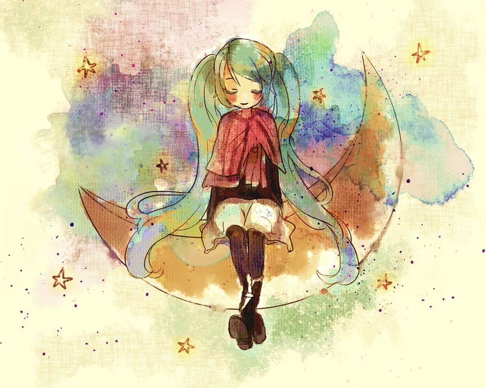 Обои для рабочего стола Vocaloid Hatsune Miku / Мику Хатсуне сидит на месяце