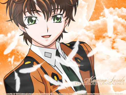 Обои на рабочий стол Сузаку из аниме 'Code Geass / Код Гиасс' и падающие белые перья на фоне неба (Kururugi Suzaku Dangerously Innocence)