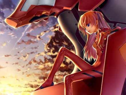 Обои на рабочий стол Soryu Asuka Langley в красном комбинезоне сидит в кресле пилота боевого робота и любуется закатом, из аниме Neon Genesis Evangelion