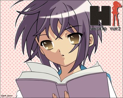 Обои на рабочий стол Нагато Юки / Nagato Yuki из аниме 'Меланхолия Харухи Судзумии / The Melancholy of Haruhi Suzumiya' с книгой (art by Dark Steno)