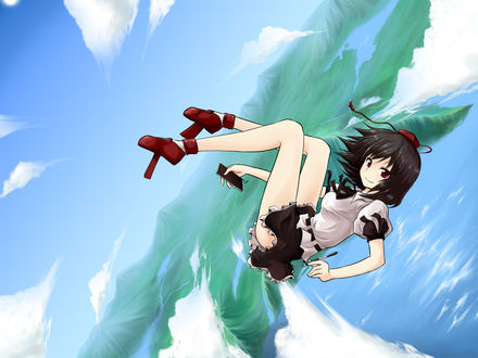 Обои на рабочий стол Ая Сямэймару / Aya Shameimaru из серии игр и аниме Тохо / Touhou Project с ручкой и блокнотом в руках падает с неба в воду