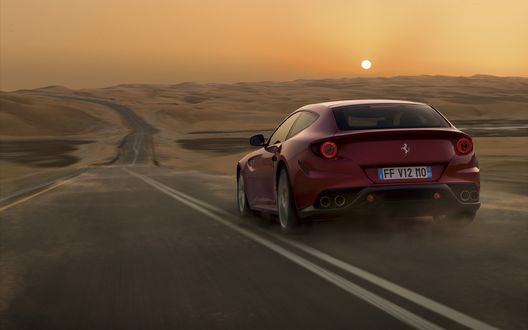 Обои на рабочий стол Ferrari / Феррари на дороге среди пустыни на фоне заката (FF V12 MO)