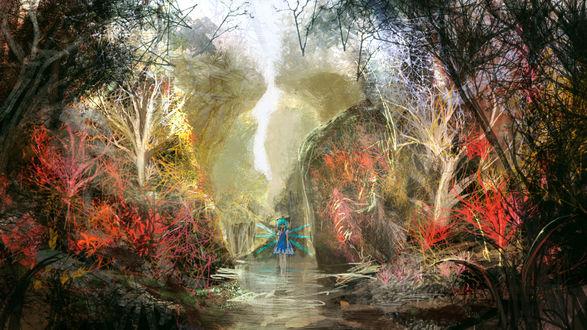 Обои на рабочий стол Ледяная фея Сырно / Cirno из Тохо / Touhou посреди туманного озера