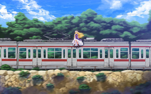 Обои на рабочий стол Yakumo Yukari / Юкари Якумо из аниме-игры Touhou Project сидит на крыше мчащейся электрички