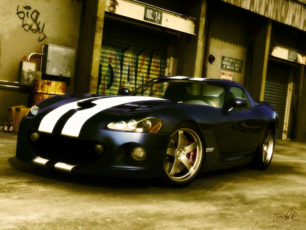 Обои на рабочий стол Dodge Viper около гаражей