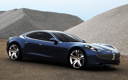 Обои на рабочий стол Fisker Four Door Concept на дороге, вокруг горы щебня