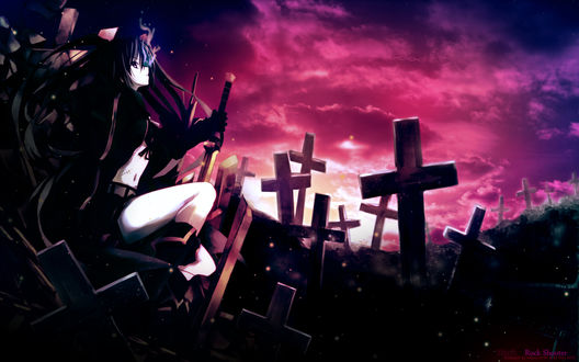 Обои на рабочий стол Стрелок с Чёрной скалы на кладбище (Black Rock Shooter Wallpaper by Valuna at MT & AP May 2010)