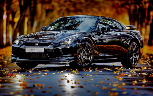 Обои на рабочий стол Nissan GT-R стоит на мокром асфальте