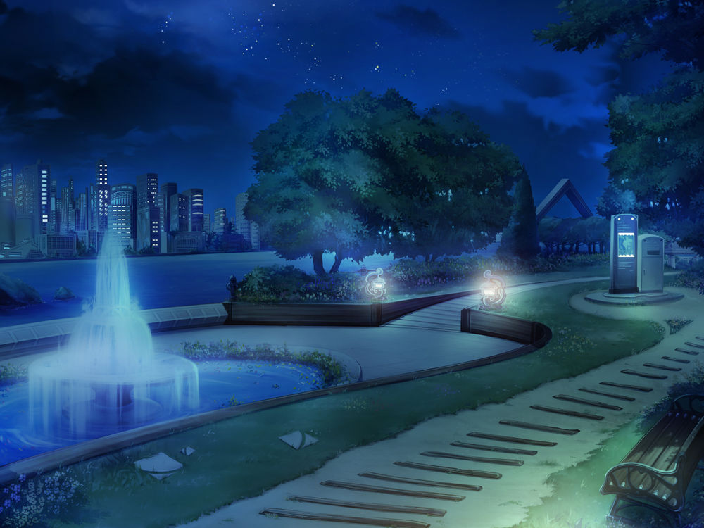 Обои для рабочего стола Ночной парк с фонтаном на набережной из игры Akatoki!